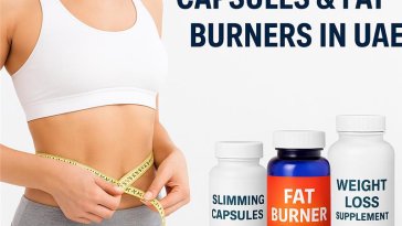 Fit woman measuring waist beside slimming capsules, fat burner, and weight loss supplement bottles – Best Slimming Capsules & Fat Burners in UAE by OnlineMedicineStore.ae