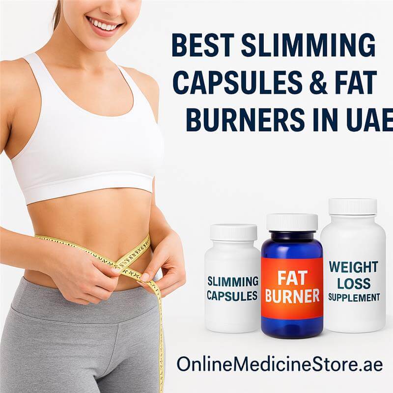 Fit woman measuring waist beside slimming capsules, fat burner, and weight loss supplement bottles – Best Slimming Capsules & Fat Burners in UAE by OnlineMedicineStore.ae