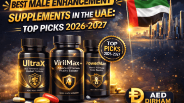 Premium infographic banner featuring the best male enhancement supplements in the UAE for 2026-2027 with black and gold supplement bottles, UAE skyline, AED symbol, and luxury wellness theme.