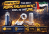 Educational infographic showing how to pick the best penis enlargement tool in the UAE with vacuum pump, extender device, sleeve options, and icons for price, safety, type, and size fit.
