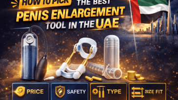 Educational infographic showing how to pick the best penis enlargement tool in the UAE with vacuum pump, extender device, sleeve options, and icons for price, safety, type, and size fit.