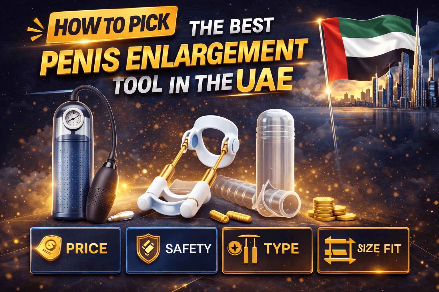Educational infographic showing how to pick the best penis enlargement tool in the UAE with vacuum pump, extender device, sleeve options, and icons for price, safety, type, and size fit.