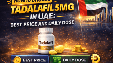 Premium infographic banner showing how to choose Tadalafil 5mg in UAE with best price and daily dose information, featuring medicine bottle, UAE skyline, AED symbol, and modern healthcare design.