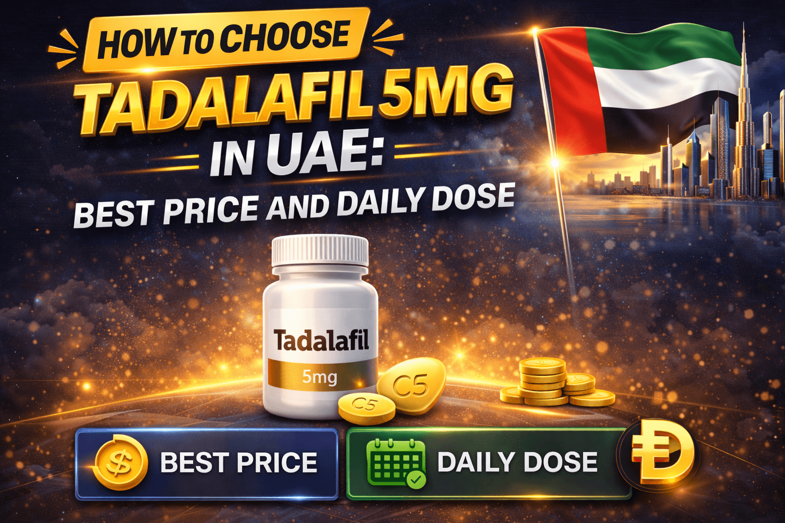 Premium infographic banner showing how to choose Tadalafil 5mg in UAE with best price and daily dose information, featuring medicine bottle, UAE skyline, AED symbol, and modern healthcare design.
