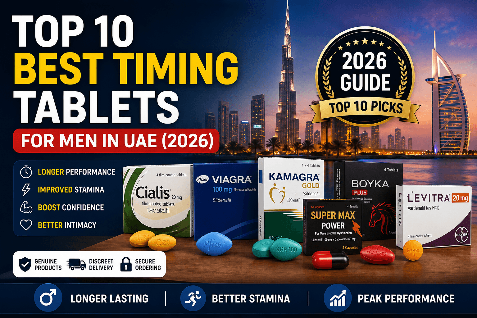 Top 10 best timing tablets for men in UAE including Cialis, Viagra, Kamagra, and Levitra